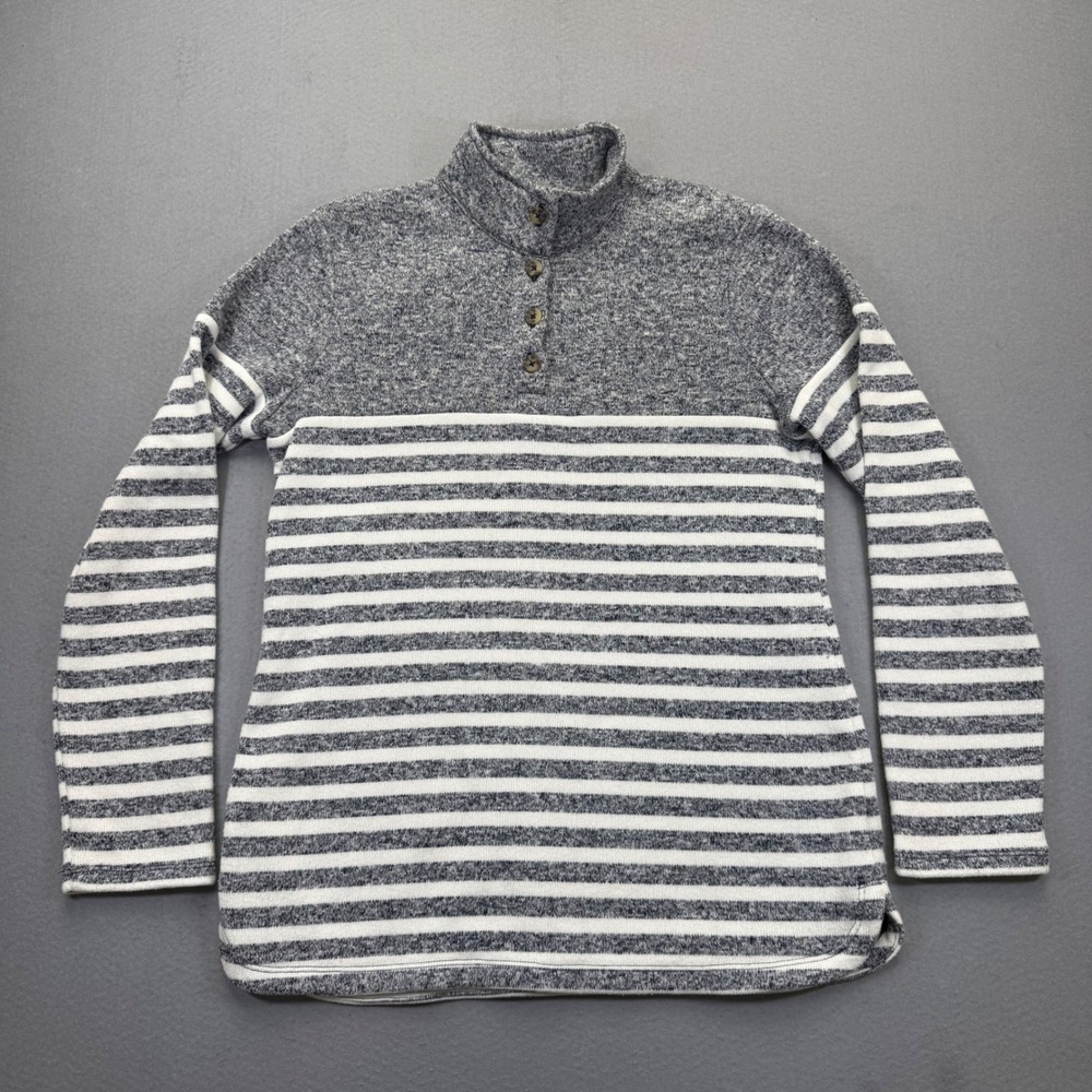 T by Talbots Womens Gray White Striped Fleece Mock Neck Button Pullover Medium - Picture 2 of 9